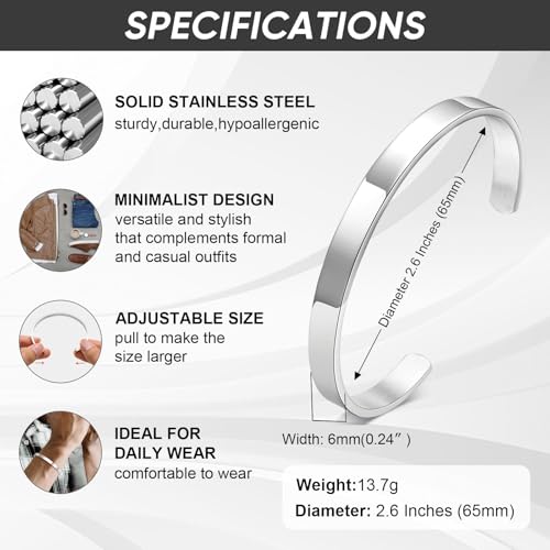 MEALGUET Stainless Steel Mens Cuff Bracelet : Minimal Cool Silver/Black/Gold Plated Open Metal Cuff Bangle Bracelets for Men,Mens Bracelet Jewelry Gift - color: Silver-Single, size: Medium( fit 5.5"-7.2" wrist)