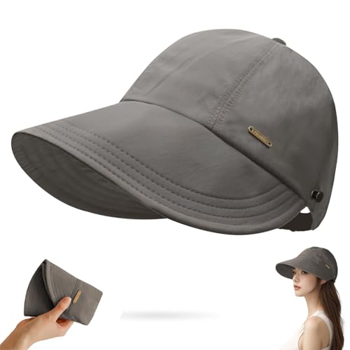 huablo]UPF 50+Womens Sun Hat UV Protection Hiking Fishing Hats Wide Brim Hat Adjustable Ponytail Packable Sun Cap - color: Gray