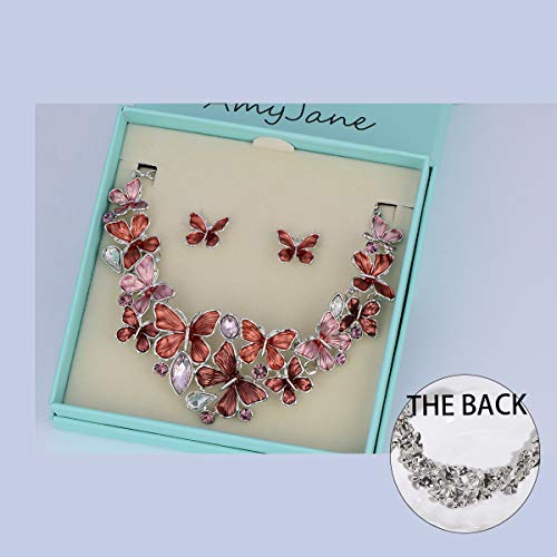 AMYJANE Vintage Statement Jewelry Set - Spring Leaf Flower Floral Plant Necklace Earring Set Crystal Rhinestone Fashion Costume Jewelry for Women Prom Party Unique Gift - style: Butterfly Jewelry Set Red