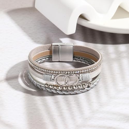Long tiantian Leather Bracelets for Women Warp Bracelet Stackable Boho Layered Bracelet Chunky Heart Trendy Birthday Gifts for Her - color: B27:2 Beaded Bracelets Set for Women(Silver)