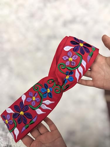 FANFAN Boho Mexican Embroidered Headband - Floral Elastic Hair Band Women Girls Wedding Festival Daily Wear E9 (Red, One Size) - color: Red