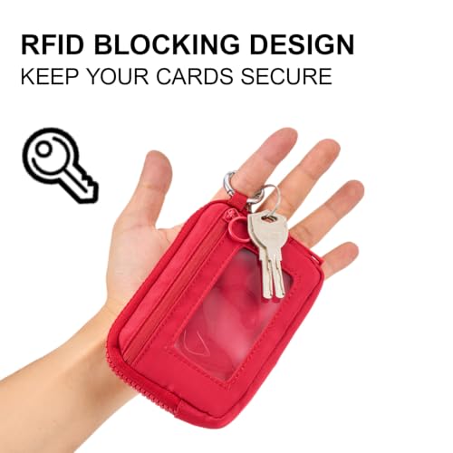 Wristlet Wallet for Women Mini Zip Card Case with Clear ID Window Zipper Coin Purse Lightweight Portable Keychain Wallet - color: Burgundy