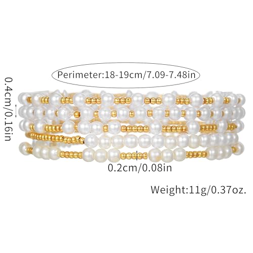 Gold Bracelets for Women 14K Gold Plated Beaded Non Tarnish Bracelets Stretch Bead Ball Bracelet Stack Set Jewelry for Gifts - color: G-SET 5PC