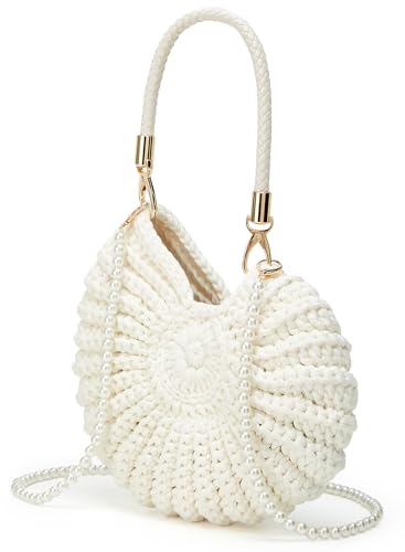Handmade Crochet Tote Bag Seashell Purse for Women Boho Shell Handbag Crossbody Shoulder Bag Summer Beach Clutch Hobo Handbag - color: Khaki