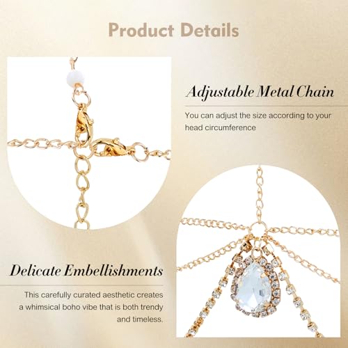Dizila 8 Pieces Gold Head Chains with Leaf Bead Rhinestone Tassel Festival Prom Wedding Bridal Jewelry Boho Headbands Forehead Chains Headwear Headpieces for Women Girls