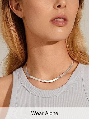 FOCALOOK 14K Gold Plated Necklaces for Women, Fashion Herringbone Choker Necklace Stainless Steel Flat Snake Chain 3/5MM(W) 12.5"/15"/18"+3.5"(L) - color: 5MM-Silver-18"