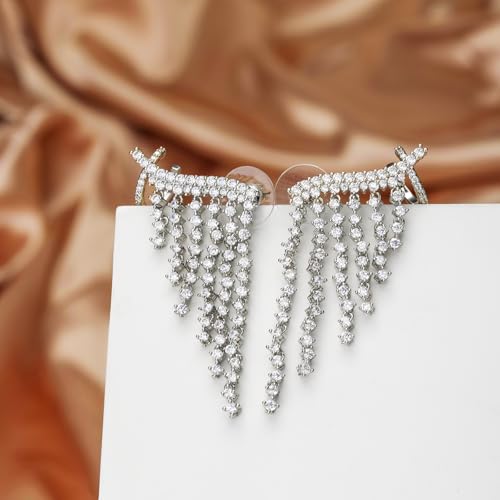 Star Crystal Ear Cuff Earrings for Women Rhinestone Ear Climber Earrings Cubic Zirconia North star Ear Crawler Earrings for Mom Wife - color: Silvertassel