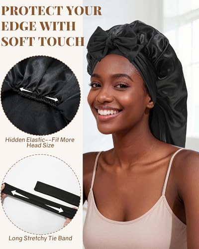 AWAYTR Long Satin Bonnet for Braids - Elastic Silk Hair Bonnets for Sleeping Night Cap Stretchy Tie Band for Women（Black） - color: Black
