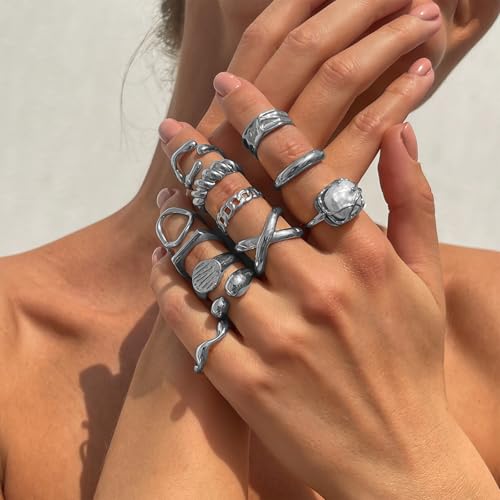 Chunky Gold Rings for Women Non Tarnish Boho Stackable Rings Set Adjustable Open Joint Finger Midi Knuckle Ring Packs - color: Silver Pearl Rings 12Pcs
