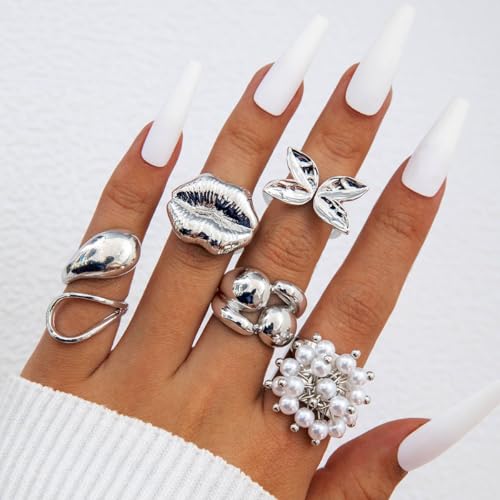 5Pcs Chunky Gold Ring Sets Vintage Lip Pearl Flower Knuckle Statement Ring Set Irregular Stacking Open Ring Set Punk Fashion Jewelry Accessories for Women - color: Silver