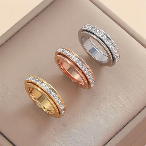 6mm Titanium Fidget Rings for Women Anxiety Relasing, Full Cubic Zirconia Ring Eternity Wedding Band Ring Love Statement Jewelry, Hypoallergenic Stainless Steel Gold Rings for Women No Tarnish - color: silver-fidget