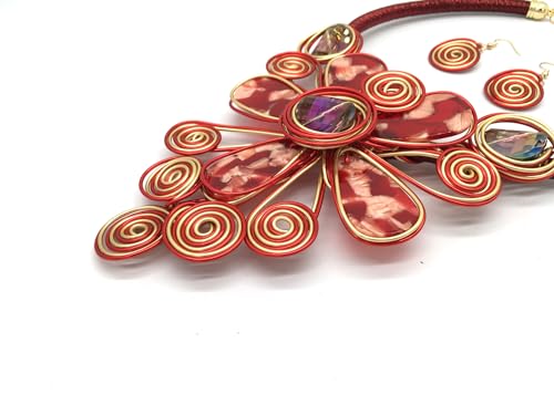Statement African Necklace For Women African Jewelry Costume Earring Sets Tribal Fashion Colorful Big Rhinestone Crystal Pendent Collar Choker Bold Chunky Bib Handmade - color: E red