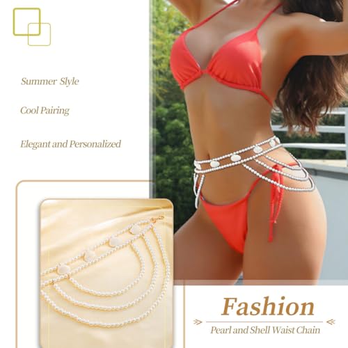 Pearl Waist Chain for Women Shell Body Chain Double Adjustable Belly Chain White Beaded Waist Belt