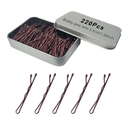220 Count Mini Wavy 1.38 Inch Bobby Pins Brown, YINGFENG Small Hair Bobby Pins with Storage Box for Updos, Metal Hair Clips for Kids, Girls and Women, Suitable for All Hair Types - color: Brown（1.38inch）
