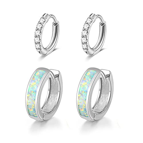 CiNily Huggie Earrings Opal Hinged Hoop Earrings Gold Plated Hypoallergenic Small Hoop Earrings for Women Teen Girls Men Sensitive Ears - color: White-White Gold