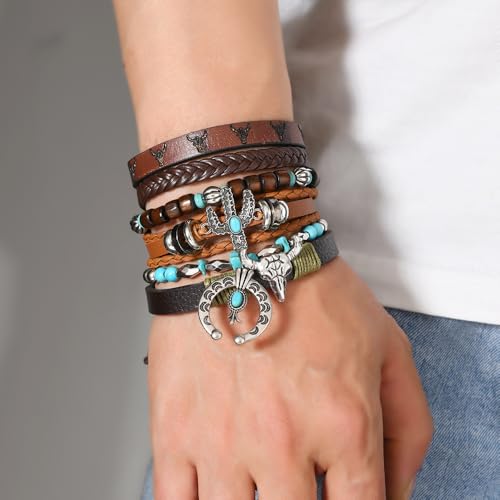 Western Outfit for Women Bohemian Vintage Stackable Turquoise Bracelet Rustic Beaded Cow Head Charm Stretch Bracelet Western Jewelry Country Concert Outfits for Women - style: Style7
