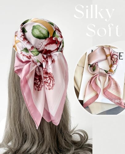 Dailyacc Hair Bandanas Scarf For Women Lightweight Fashion Neck Silk Satin Head Scarves For Sleeping Handbags Scarf - color: 22-pink Flowers/27.5*27.5in