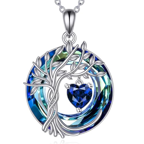 POPLYKE Mothers Day Gifts for Mom Her Wife Tree of Life Necklace 925 Sterling Silver Birthstone Pendant with Crystal Anniversary Birthday Wedding Jewelry for Women - color: 09-Sep-Sapphire, style: White Gold Plated-Blue Crystal