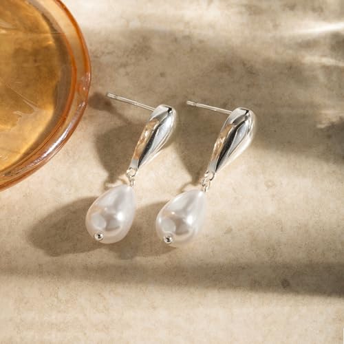 LLWOM Gold Silver CZ Teardrop Dangling, Pearl Drop Studs Dangle Earrings for Women Trendy, Hypoallergenic Jewelry Gift for Wedding/Party/Prom/Daily - color: Silver Pearl Teardrop