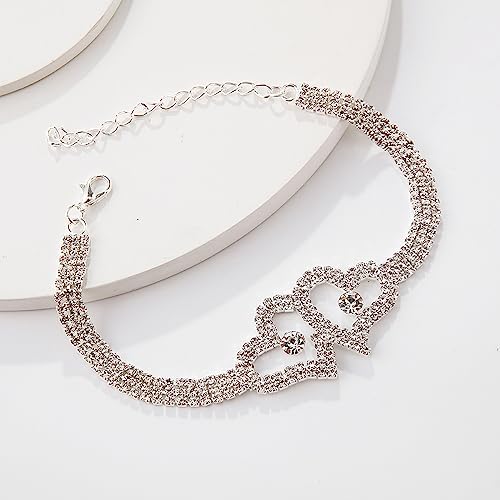 2 Pcs Heart Ankle Bracelets For Women Crystal Rhinestone Tennis Armlet Bracelet For Cuban Link Anklet Crystal Tennis Heart Pendant Anklets Boho Foot Chain Bracelet Rhinestone Leg Bracelet Jewelry (Double Love)