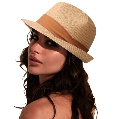 DRESHOW Women Straw Sun Hat Short Brim Panama Travel Fedora Summer Hat Roll Up Beach Cap for Women UPF 50+ - color: 1 Pc Straw Hat: Khaki (Brown Ribbon)
