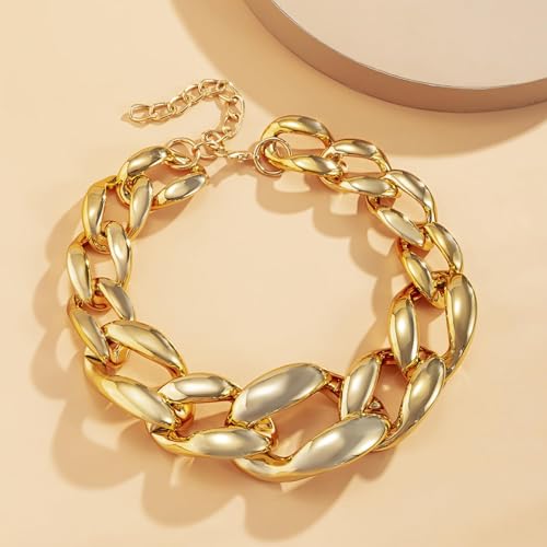 Chunky Chain Necklaces Women Statement Collar Necklace Gold Flat Snake Chain Choker Ribbed Design for Party, Dress Jewelry Gifts - color: A15