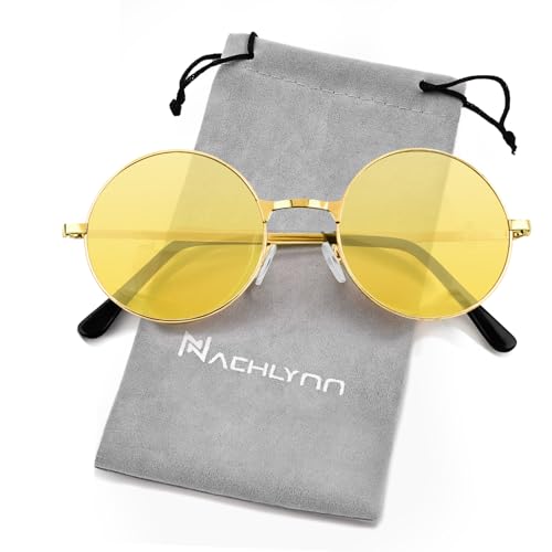 NACHLYNN Round Hippie Sunglasses Metal Border Circle Hippie Glasses UV380 Protection 70s Sunglasses for Men Women Party Favor - color: Yellow