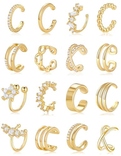 16Pcs Ear Cuff Earrings for Women Non Piercing Gold Silver Plated Ear Cuffs Non Pierced Clip on Cartilage Earring CZ Heart Flower Ears Wrap Fake Earrings Jewelry Set Lightweight Adjustable - color: Gold