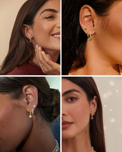 3 Pairs Gold Hoop Earrings Set for Women, Hypoallergenic 14K Gold Plated Huggie Earrings Stacks for Multiple Piercing Dainty Stud Earring Cartilage Birthstone Earring Women Jewelry Gift - color: 09. September(Sapphire)