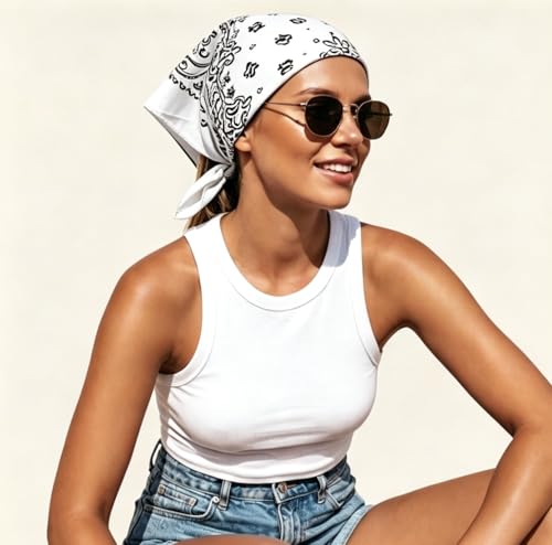 Junvena 27 Inch Extra Large Bandana 100% Cotton,Soft Thin Breathable Headband for Men Women, Solid & Paisley - color: White Paisley 3 Pack