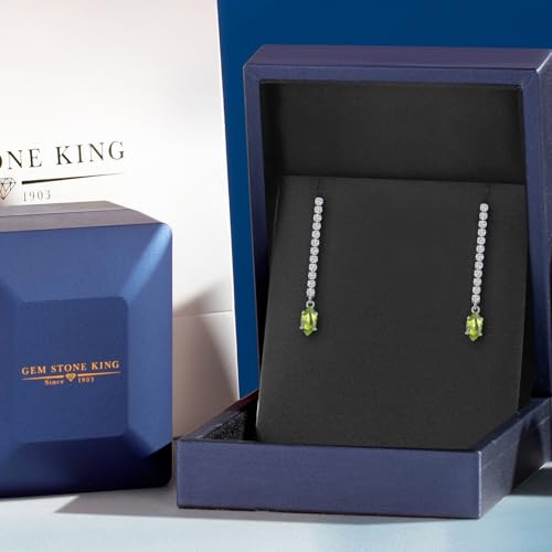 Gem Stone King 14K White Gold Gemstone Birthstone and White Lab Grown Diamond Long Liner Dangle Earrings for Women | Marquise 6X3MM | White Gold Chain Drop Earrings - style: Peridot, August