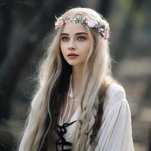 Vivivalue Bridal Floral Headband Rose Flower Crown Hair Wreath Floral Headpiece Halo Boho with Ribbon Wedding Party Photos - color: 52