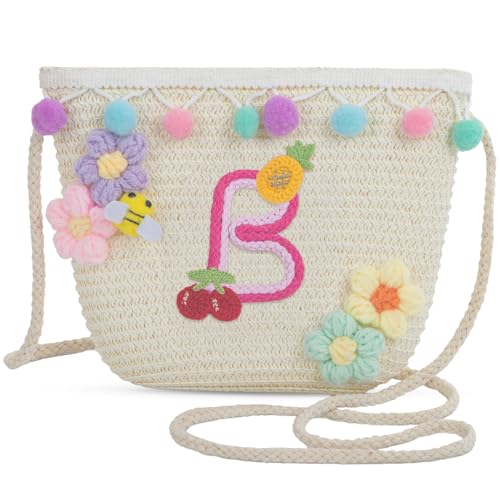 Letter Small Woven Straw Summer Beach Tote Bag for Women 2025,Woven Straw Beach Purse Shoulder Crossbody Bag for Women 2025 - color: White B