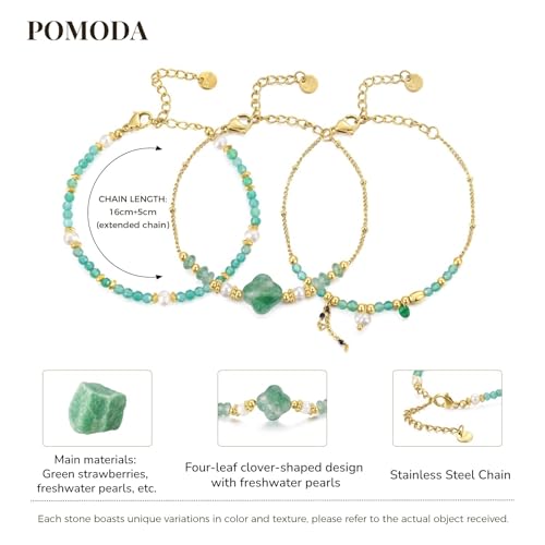 Beaded Bracelets Set for Women Stackable Healing Layered Bracelets Stack 3PCS Aquamarine Gemstone Crystal Dainty Boho Summer Jewelry for Women Natural Stone 14k Gold Plated - color: Green Strawberry Crystals