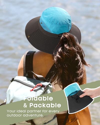 FURTALK Womens Sun Hat with Ponytail Hole Beach Hiking Summer Wide Brim UPF 50+ Outdoor Protection Foldable Bucket Hat - color: Blue