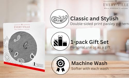 Gift Packaging Bandana for Men Women - 100% Cotton, Paisley, 22x22 In, 1 Pack - Large Bandanna Handkerchief Cowboy Hanky - color: Grey