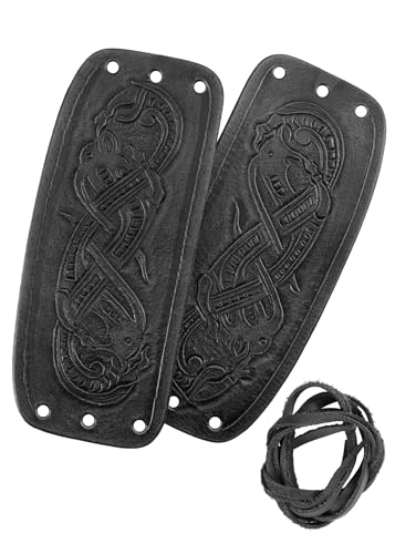 Ulfberth - Pair of Genuine Leather Bracers with Embossed Dragon Motif in Jelling Style - Viking Wristband - color: Black