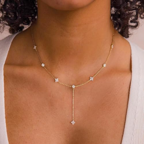 Gold Necklace for Women - Dainty Long Lariat Necklace 14K Gold Plated Clover Star Teardrop CZ Y Shaped Drop Necklaces Cute Long Necklaces for Women Trendy Prom Formal Womens Jewelry - color: Gold-Clover Drop