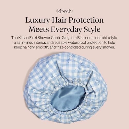 Kitsch Luxury Satin-Lined Flexi Shower Caps for Women Reusable Waterproof - Large Wide Shower Cap for Women & Men, Adjustable, Stylish Hair Cap for Showers, For Long & Short Hair - Gingham Blue - color: Gingham Blue