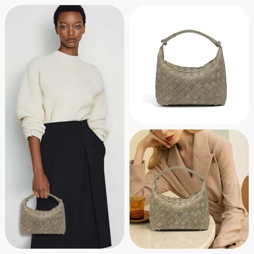 Luxurious Suede Slouch Hobo Bag for Women Woven Leather Shoulder Bags Top-Handle Purses
