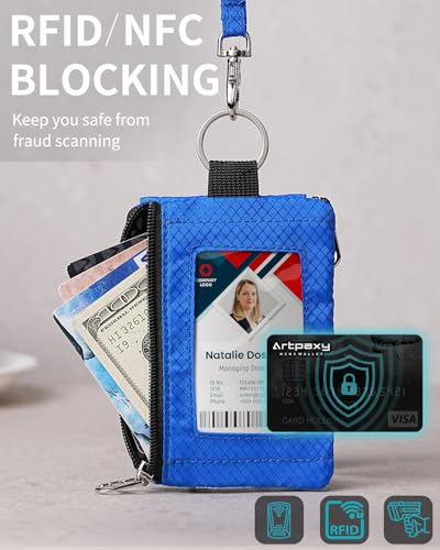 Artpaxy Minimalist Wallet For Mens Womens, Keychain RFID Blocking Zipper Small Wallet with ID Window 2 Lanyards,Water Resistant Travel Cash Card Coin Case Boys Girls - color: Blue, style: Casual