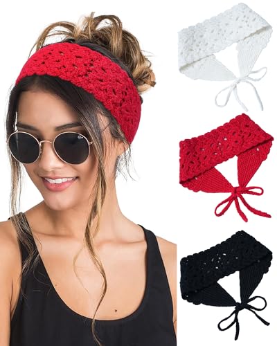 HAIMEIKANG Hippie Hair Bandanas Headbands for Women Boho Headband Knit Hair Bands Floral Head Wrap for Women and Girls(Beige+Red+Black) - color: Beige+Red+Black
