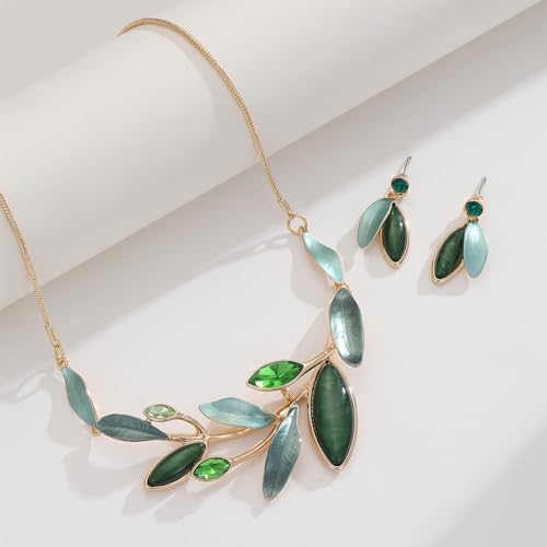 Vintage Chunky Statement Jewelry Set Retro Leaf Floral Geometric Bohemian Boho Bib Necklace Earring Set Fashion Costume Jewelry for Women Girls Wedding Party Prom Unique Gift - style: branch leaf-green gold