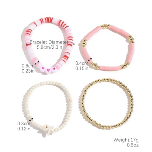 Caiyao Bohemia Multilayer Heart Imitation Pearl Beaded Stackable Bracelets Set Colorful Surfer Heishi Clay Gold Beads Stretch Bracelets for Women Men Summer Beach Boho Vacation Jewelry Gifts - color: Z-pink