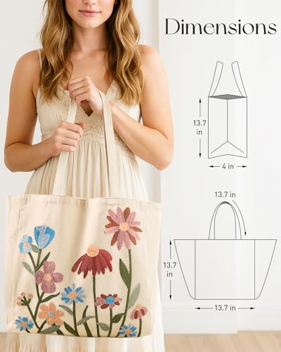 Miss Adola Embroidery Tote Bag with Pocket & Buckle - Reusable Canvas Tote for Women Cute Aesthetic Work Shopping Grocery Bag - style: Floral