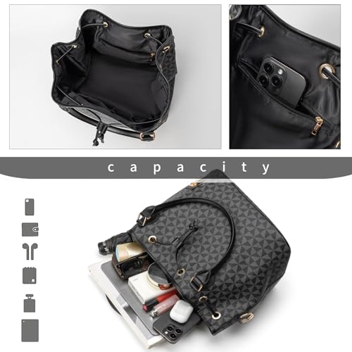 Bucket Purse For Women With Chic West Hobo Style | Drawstring Closure, Shoulder Handbag, Tote Purse, Pockets Design - color: Black