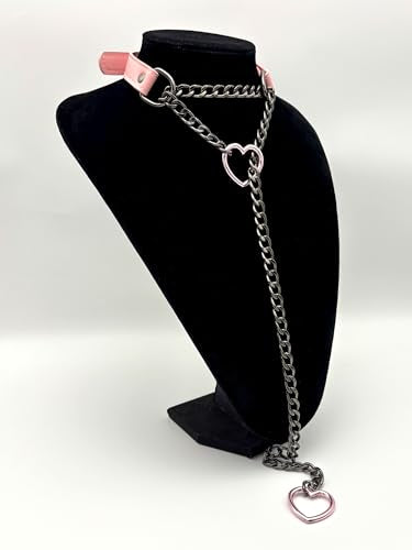 Black Leather Choker Collar For Women, Handmade Heart Slip Chain Choker Long Necklace with Adjustable Buckle - color: B-Pink-Black-Pink, size: 24''chain