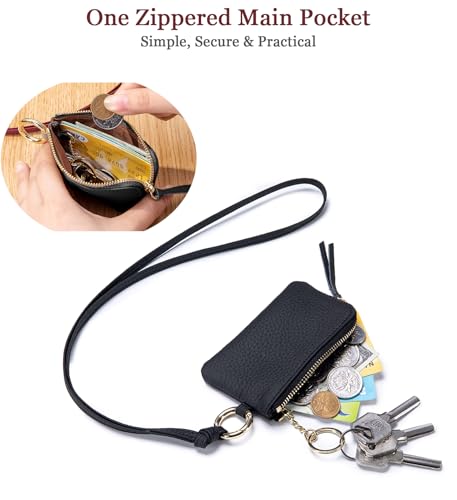 Leather Coin Purse for Women with Keychain & Wrist Strap – Small Zipper Coin Pouch, Mini Change Wallet, Slim Travel Key Pouch with Gift Box (Black) - color: Black