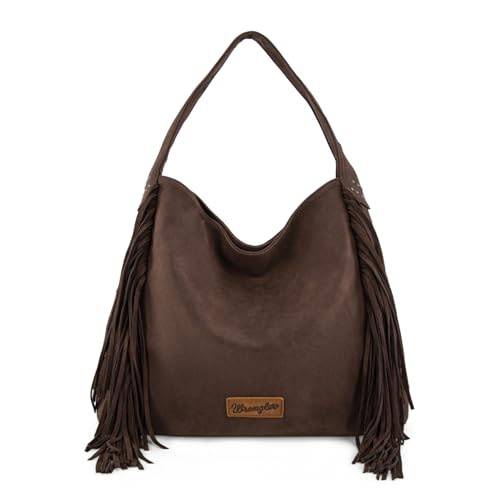 Wrangler Fringe Suede Hobo Bag for Women Leather Western Fringe Purse Tassel Hippie Shoulder Bag - color: Coffee