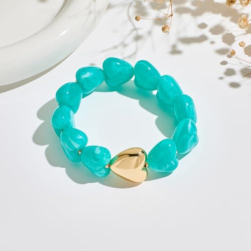 Multicolor Chunky Beaded Bracelet for Women Bold Acrylic Resin Stretch Bracelet Summer Beach Statement Bracelets Trendy Elastic Bangle Jewelry - color: Heart bracelet-blue